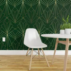 Peel & Stick Wallpaper 2FT Wide Glamorous 1920S Emerald Green Faux Gold Look Geometric Custom Removable Wallpaper by Spoonflower