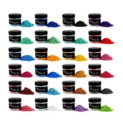 Rolio Mica Powder - 24 Color Original Set, 10g, Pearlescent Color Pigment - Art Set for Resin Epoxy - for Soap Making, Nail Polish, Lip Gloss, Eye Shadow, Slime & Candle Jars