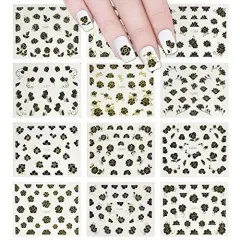 Wrapables 12 Sheets Black Flower with Gold Trim Nail Stickers Nail Art