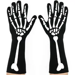 Bone Hand Skeleton Gloves - Skeleton Accessories Stretch Elbow Gloves for Adults and Kids Black