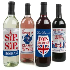 Big Dot of Happiness Cheerio, London - British UK Party Decorations for Women and Men - Wine Bottle Label Stickers - Set of 4