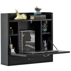 Wall Mount Folding Laptop Writing Computer or Makeup Desk with Storage Shelves and Drawer Black