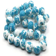 40 10mm White with Sky Blue Splatter Paint Smooth Round Glass Beads