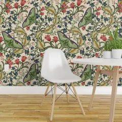 Peel & Stick Wallpaper 2FT Wide Victorian Luna Moth Arts And Crafts Pollinators Art Nouveau Entomology Lepidoptera Custom Removable Wallpaper by Spoonflower
