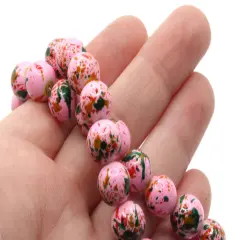 40 10mm Pink with Red and Green Splatter Paint Smooth Round Glass Beads