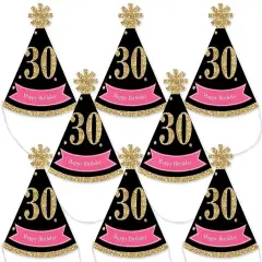 Big Dot of Happiness Chic 30th Birthday - Pink, Black and Gold - Mini Cone Birthday Party Hats - Small Little Party Hats - Set of 8