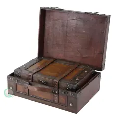 Wooden Vintage Luggage Trunks - Antique Carry-on Suitcase Storage Box with Hinged Lids, Old-Fashioned Decorative Box