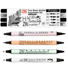 Zig Twin Black Marker Asst 4 Pens 7 Different Tips