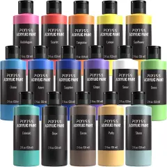Pixiss Acrylic Paint Set of 16 Colors, 59ml, 2 Fluid Ounce Bottles, Matte Finish Paints