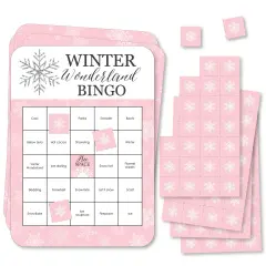 Big Dot of Happiness Pink Winter Wonderland - Bingo Cards and Markers - Holiday Snowflake Birthday Party and Baby Shower Bingo Game - Set of 18