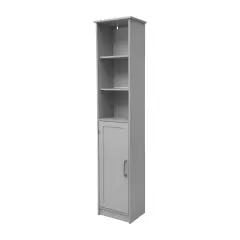 Merrick Lane Vigo Slim Linen Tower Organizer with Adjustable Cabinet Shelves, Open Shelves, and Magnetic Closure Doors Gray