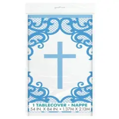 Fancy Blue Cross Rectangular Plastic Table Cover, 54" x 84", 1ct