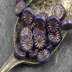 *15* 12mm Dark Bronze Washed Purple Opaline Aster Flower Coin Beads