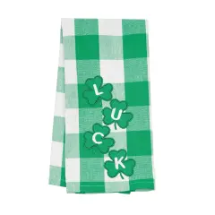 St. Patrick's Day Four Clover "Luck" Plaid Check Cotton Kitchen Dishtowel