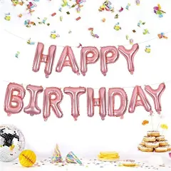 Colorful Celebrations: 16-Inch Mylar Foil Happy Birthday Balloons Banner - Eco-Friendly Decor for All Ages! Rose gold