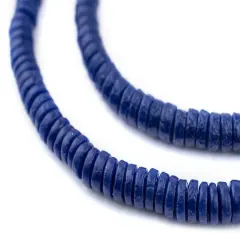 The Bead Chest Dark Blue Sandcast Disk Beads - Full Strand of 7mm African Rondelle Donut Glass Beads from Ghana