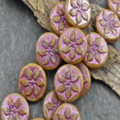 *6* 18mm Metallic Pink Washed Alabaster Picasso Floral Coin Beads