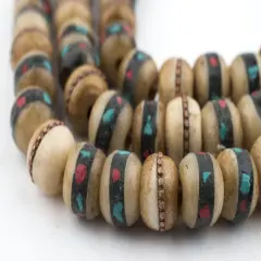The Bead Chest Vintage Inlaid Rustic Bone Mala Beads (10mm)