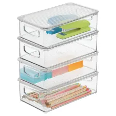mDesign Plastic Office Storage Bin Box with Lid and Handles, 4 Pack