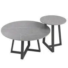 Exclusive Design 2PCS Nesting Marble Coffee Table Round Side Table w/ Metal Base