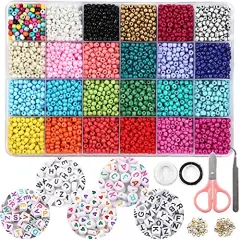 7200 Pieces 4mm Glass Seed Beads for Bracelets Making Kit 300 Pieces Alphabet Letter Beads for Jewelry Making and Crafts with Elastic String Cords, Tweezers and Accessories DIY Material