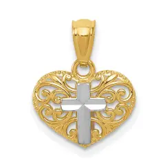 14K Two Tone Gold Cross Heart Charm Jewelry Pendant 16mm x 12mm