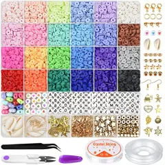 6000 Pieces Clay Beads for Bracelet Making, 24 Colors Flat Round Polymer Clay Beads 6mm Spacer Heishi Beads with Pendant Charms Kit and Elastic Strings for Jewelry Making Kit Bracelets Necklace
