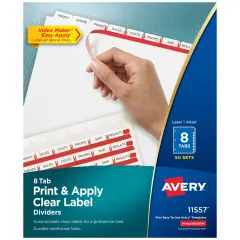 Avery 8 Tab Dividers for 3 Ring Binder, Easy Print & Apply Clear Label Strip, Index Maker Customizable White Tabs, 50 Sets (11557)