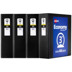 Avery Economy View 3 Ring Binders, 3" Round Rings, 4 Black Binders (03361)
