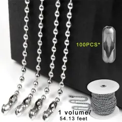 55 FT Stainless Steel Ball Chain, Necklace Chain Ball Bead, Bead Chain Ball Chain Bulk Bead Chain with 100 Pcs Matching Connectors Clasps for Necklace Hanging, Dog Tag, DIY Crafts, 2.0mm Diameter