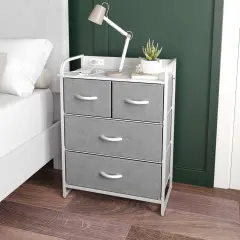 Emma and Oliver Hermes Nightstand with 4 Fabric Drawers, Charging Station with 2 USB Ports/Power Outlet, Engineered Wood Top, Wood Handles, Metal Frame GrayDrawers/White