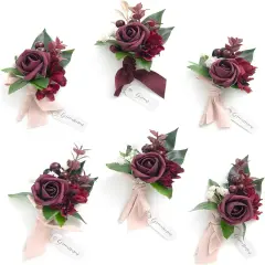 Boutonniere Set of 6 for Groom & Groomsmen Burgundy & marsala