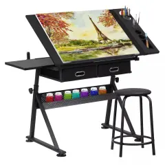 Drafting Drawing Table Tiltable Tabletop Workstation Adjustable Height w/Stool