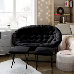 Emma and Oliver Janey Folding Double Saucer Chair with 2 Ottomans and Steel Frame for Dorm or Bedroom BlackFabric/Black