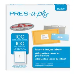 PRES-a-ply White Labels, 8-1/2" x 11", Permanent-Adhesive, 1-up, 100 labels