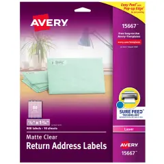 Avery Matte Clear Return Address Labels, Sure Feed Technology, Laser, 1/2" x 1-3/4", 800 Labels (15667)