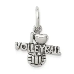 Sterling Silver Antiqued I Love Volleyball Charm Sports Jewerly 15mm x 17mm