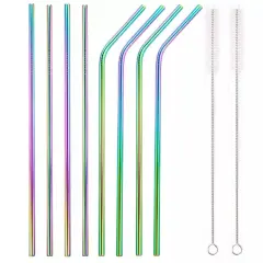 8-Piece 10.5" Stainless Steel Cocktail Straw Set with 2 Cleaning Brushes Mermaid rainbow