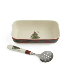 Spode Christmas Tree 8" x 4.25" Tartan Rectangle Server with Slotted Spoon