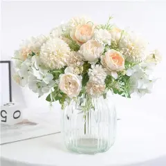 Artificial Flower Bunches, Fake Peony Silk Hydrangea Bouquet, Table Wedding Decor, Faux Flower Arrangements, White Champagne