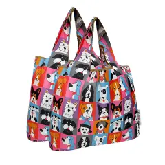 Wrapables Medium Foldable Tote Nylon Reusable Grocery Bag (Set of 2), Cute Dogs