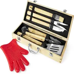 Makerflo 11 Pcs BBQ Grill Accessories Set Barbecue Maple Wood Toolbox Stainless Steel Grill Utensils | Camping Grilling Rust Free Kit Ideal for Craft- Laser Engraving Epoxy, UV DTF, Vinyl - Case of 6