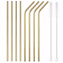 8-Piece 10.5" Stainless Steel Cocktail Straw Set with 2 Cleaning Brushes Gold