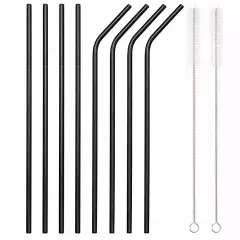 8-Piece 10.5" Stainless Steel Cocktail Straw Set with 2 Cleaning Brushes Black