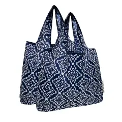 Wrapables Medium Foldable Tote Nylon Reusable Grocery Bag (Set of 2), Navy Deco