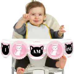 Big Dot of Happiness Purr-fect Kitty Cat 1st Birthday Highchair Decor - I Am One - First Birthday High Chair Banner