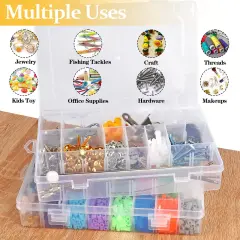 2 Pck 24 Grids Clear Plastic Organizer Box, Storage Container with Adjustable Divider, Craft and Bead Storage Organizer Box for DIY Jewelry Tackles with 2 Sheets Label Stickers