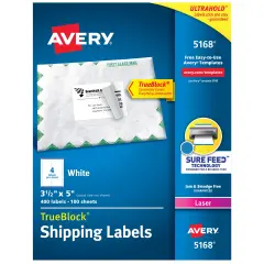 Avery Printable Shipping Labels with Sure Feed, 3-1/2" x 5", White, 400 Blank Mailing Labels for Laser Printers (5168)