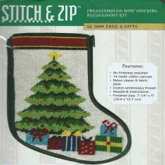 Stitch & Zip Christmas Tree & Presents Mini Stocking Needlepoint Kit Multicolor
