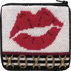 XOXO Lips Needlepoint Coin Purse Kit - Stitch & Zip Multicolor